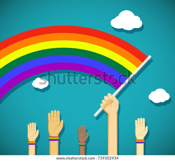 男はゲイの虹の旗を手に持つ Lgbtコミュニティのシンボル ベクター画像のイラスト のベクター画像素材 ロイヤリティフリー