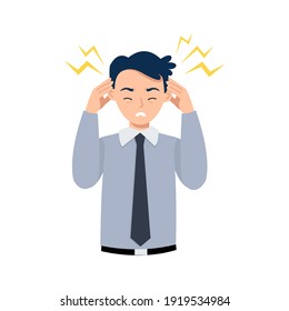 Man Hold His Head Because Of Headache Or Stress At Work. Flat Vector Cartoon Style.