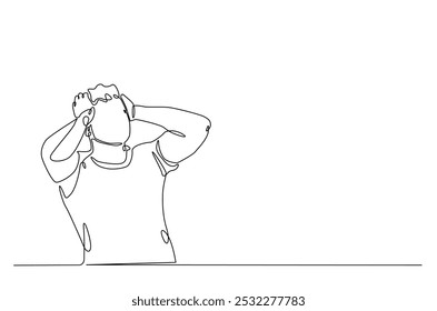 Man hold his head continuous one line drawing. Single line art illustration of man in depression, stressed, headache and despair. Editable vector.