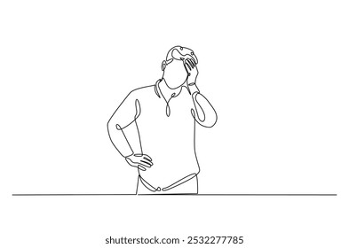 Man hold his head continuous one line drawing. Single line art illustration of man in depression, stressed, headache and despair. Editable vector.