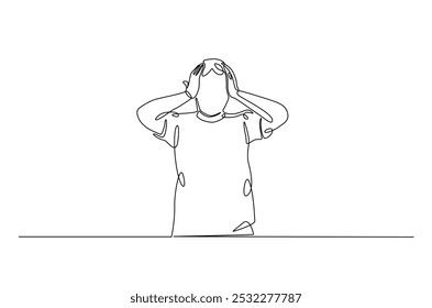 Man hold his head continuous one line drawing. Single line art illustration of man in depression, stressed, headache and despair. Editable vector.