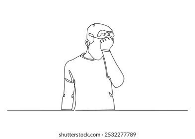 Man hold his head continuous one line drawing. Single line art illustration of man in depression, stressed, headache and despair. Editable vector.