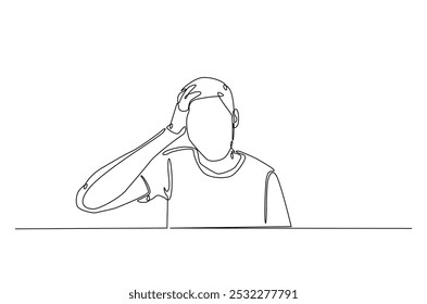 Man hold his head continuous one line drawing. Single line art illustration of man in depression, stressed, headache and despair. Editable vector.