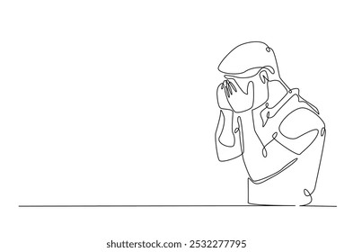 Man hold his head continuous one line drawing. Single line art illustration of man in depression, stressed, headache and despair. Editable vector.