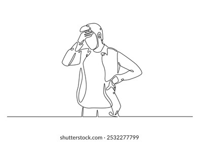 Man hold his head continuous one line drawing. Single line art illustration of man in depression, stressed, headache and despair. Editable vector.