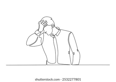 Man hold his head continuous one line drawing. Single line art illustration of man in depression, stressed, headache and despair. Editable vector.