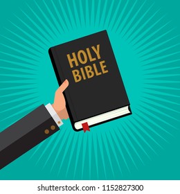 Man Hold Holy Bible in His Hand, Life Foundation Bible in the iSolated Green Background. Flat Vector.