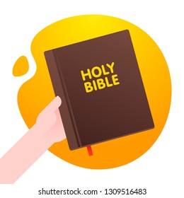 Man Hold Holy Bible in His Hand, Life Foundation Bible in the iSolated orange abstract shape Background. Flat Vector.