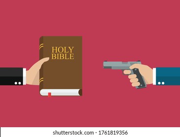 Man hold holy bible and other man hold gun. Vector illustration