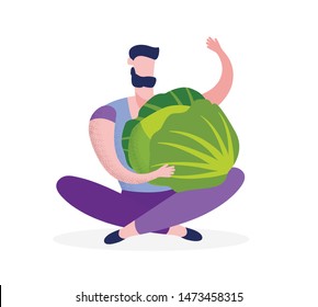 Man Hold Huge Cabbage in Hands Isolated on White Background, Healthy Lifestyle, Organic Food Nutrition, Fresh Natural Vitamin Products, Source of Energy and Health Cartoon Flat Vector Illustration