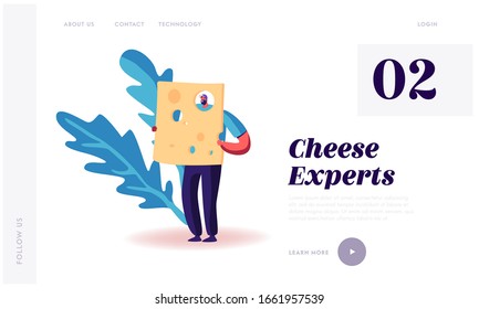 Man Hold Huge Piece of Cheese with Holes Website Landing Page. Male Character Enjoying Eating Dairy Production, Healthy Nutrition, Organic Farm Product Web Page Banner. Cartoon Vector Illustration