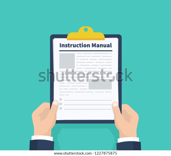 Man hold\
instruction manual. Checklist Holding the clipboard. Paperwork,\
sheets in folder. Vector\
illustration