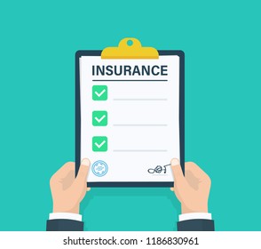 Man hold Insurance clipboard with checklist. Questionnaire, survey, clipboard, task list. Flat design, vector illustration on background.