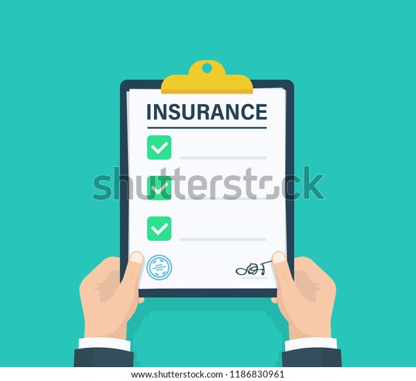 Man hold Insurance clipboard with checklist.\
Questionnaire, survey, clipboard, task list. Flat design, vector\
illustration on\
background.