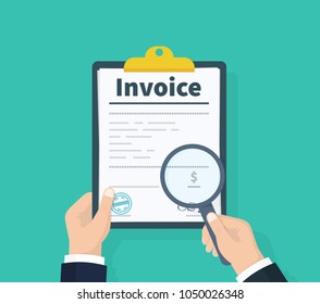 Man hold Invoice in hand. Order symbol concept. Tax sign design. Payment and bill invoice. Paper invoice document in folder. Vector illustration in flat style