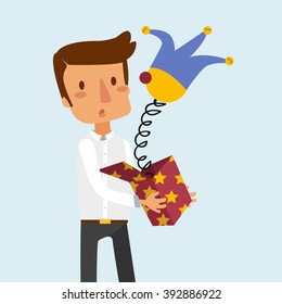 man hold a jack in the box toy, springing out of a box. Business vector illustration.