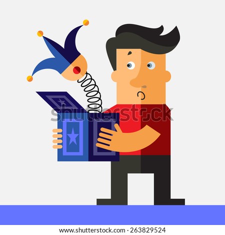 Man hold a jack in the box toy, springing out of a box. Business flat vector illustration.