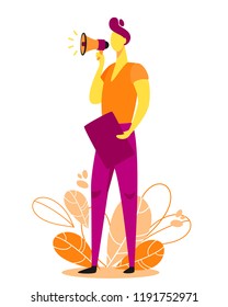 Man hold a loudspeaker vector illustration. Character design for social media marketing and advance in flat style