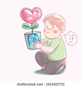 man was hold the love tree in pot to give girl friend with love in valentine day