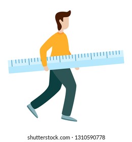 Man hold measurement ruler. Flat vector illustration on white background