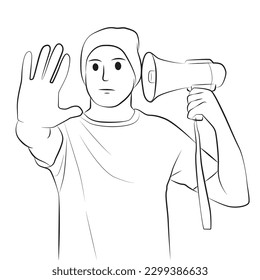man hold megaphone show stop sign