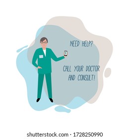 Hombre, sostén el teléfono móvil.  Médico virtual. Consulta médica inteligente. Telemedicina moderna.  Tema de la atención de la salud. Ilustración plana vectorial. 

