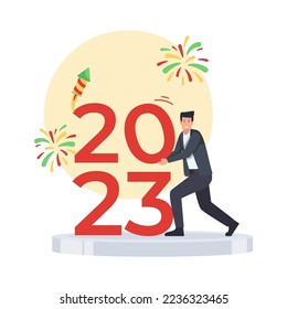 Man hold number of 2023 with fireworks behind metaphor of new year celebration