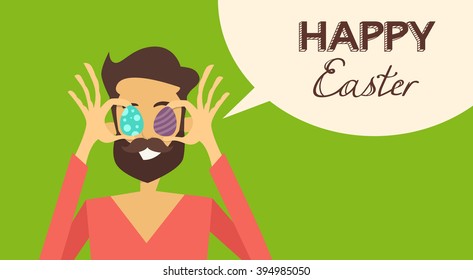 Man Hold Painted Eggs Eyes Happy Easter Holiday Chat Bubble Flat Vector Illustration