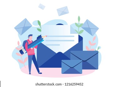 Man hold pencil. chatting, Businessman vector illustration. Working process, New email message, mail notification. Social network, chat, man reading letter, New incoming message, sms, spam. male.