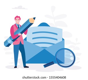 Man hold pencil. chatting, Businessman vector illustration. Working process, New email message, mail notification. Social network, chat, man reading letter, New incoming message, sms, spam. male.