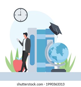 Man hold phone lean on books and education book and education icon around around