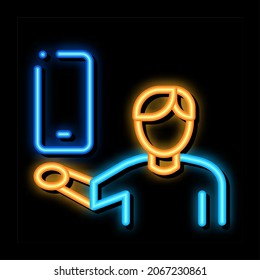Man Hold Phone neon light sign vector. Glowing bright icon Man Hold Phone sign. transparent symbol illustration