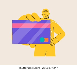 Man hold plastic credit or debit card. Colorful vector illustration