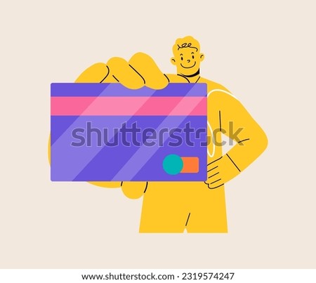Man hold plastic credit or debit card. Colorful vector illustration