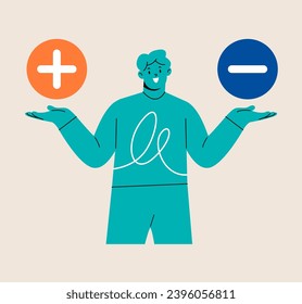 Man hold plus and minus symbols. Pros and cons advantage comparison. Colorful vector illustration