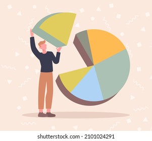Man hold radial graph. Person holding piece. Analytical research, market assessment, identification of certain social groups. Differentiation by age and gender. Cartoon volumetric vector illustration