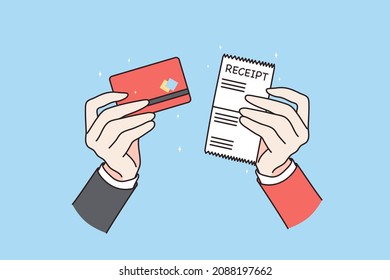 Man hold receipt and credit debit card make purchase in shop or store. Person client show bill buy offline with cashless payment method. Consumerism and easy banking. Flat vector illustration. 