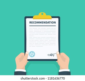 Man hold recommendation clipboard with checklist. Questionnaire, survey, clipboard, task list. Flat design, vector illustration on background.