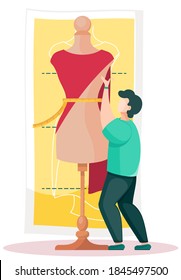 Man hold a red cloth and put it on a mannequin to create a dress. Seamstress is working on a model of a new fashionable dress. Big mannequin and tiny dressmaker. Custom tailoring. Guy measures a waist