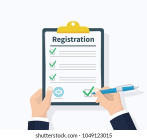 Man hold Registration clipboard with checklist. Man hold in hand clipboard agreement. Flat design, vector illustration on background
