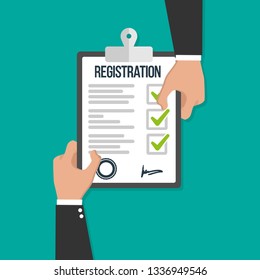 Man hold registration clipboard flat icon vector illustration concept image icon
