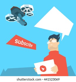 Man Hold Remote Control Drone Flying Air Quadrocopter Aerial Shooting Flat Vector Illustration