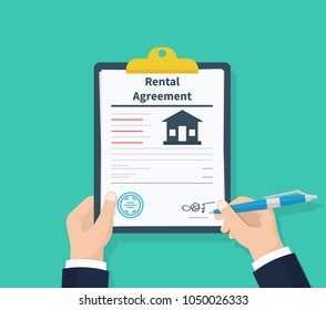 Man hold Rental agreement form contract. Clipboard in hand. Signing document. Flat design, vector illustration on background