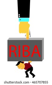 Man Hold Riba (Bank Interest in indonesia or arabic language) Weight and pressed by big executive hand isolated on white
