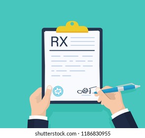 Man hold Rx prescription form. Medical prescription pad. clipboard with checklist. Questionnaire, survey, clipboard, task list. Flat design, vector illustration on background.