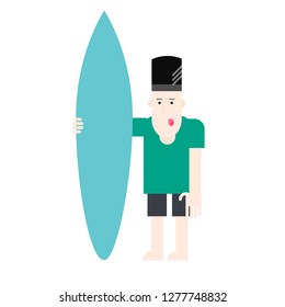 Man hold serve board, surfer standing with a surfboard, isolated on white background. Vector flat design illustration.