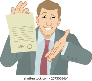El hombre sostiene una hoja con un contrato. Concepto de ilustración en vector de estilo de dibujos animados. Ilustración sobre fondo blanco.
