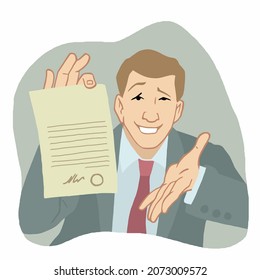 Man hold a sheet with a contract. Illustration concept in cartoon style vector.
