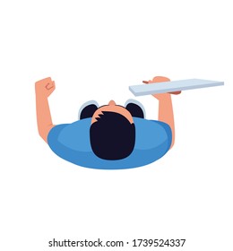 Man hold sign semi flat RGB color vector illustration. Person in casual clothes. Man on demonstration. Worker in blue shirt. Male striker isolated cartoon character top view on white background