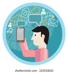 Man hold smartphone call and sends message via sms chat flat design style. Telephone in hand with bubble